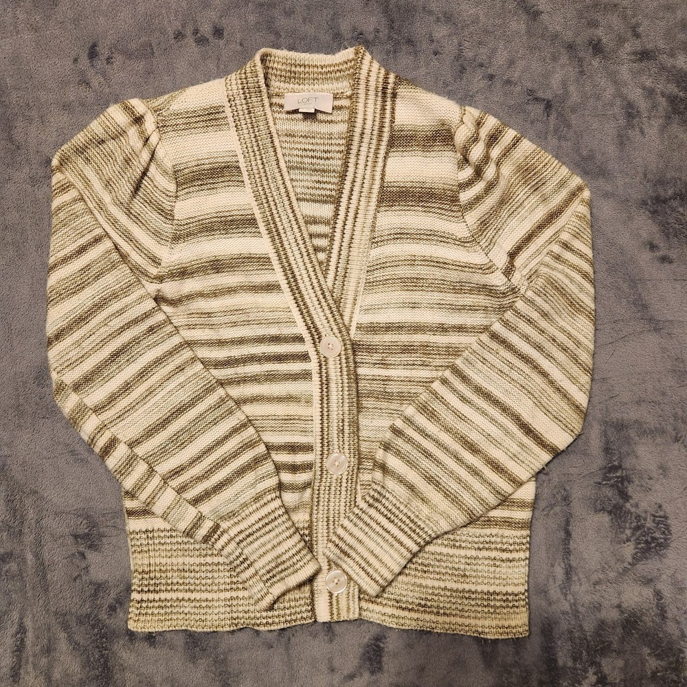 LOFT Outlet Striped Puff Sleeve V-Neck Cardigan Sweater Medium Olive Green Cream